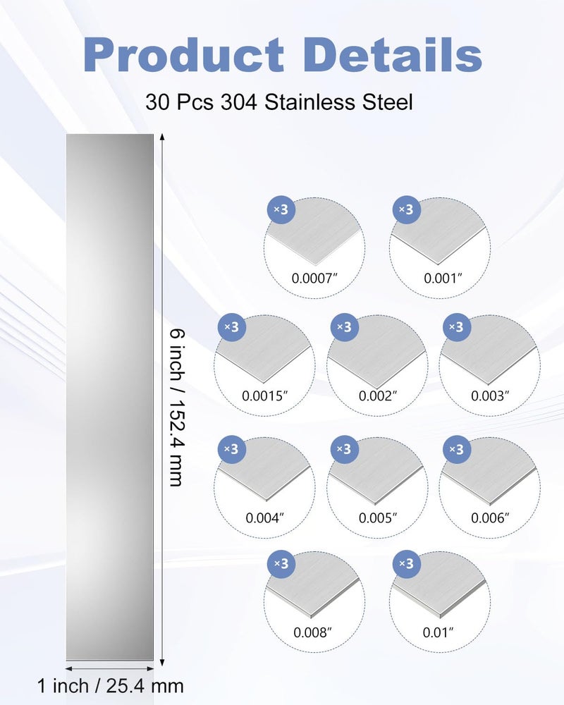 AOKLIT 30Pcs Shim Stock Assortment, 304 Stainless Steel 1" Width x 6" Length Metal Shims for Leveling, Gap Filler Trim Strip, DIY & Industrial Use (0.001"-0.01" Thickness) - Image 2